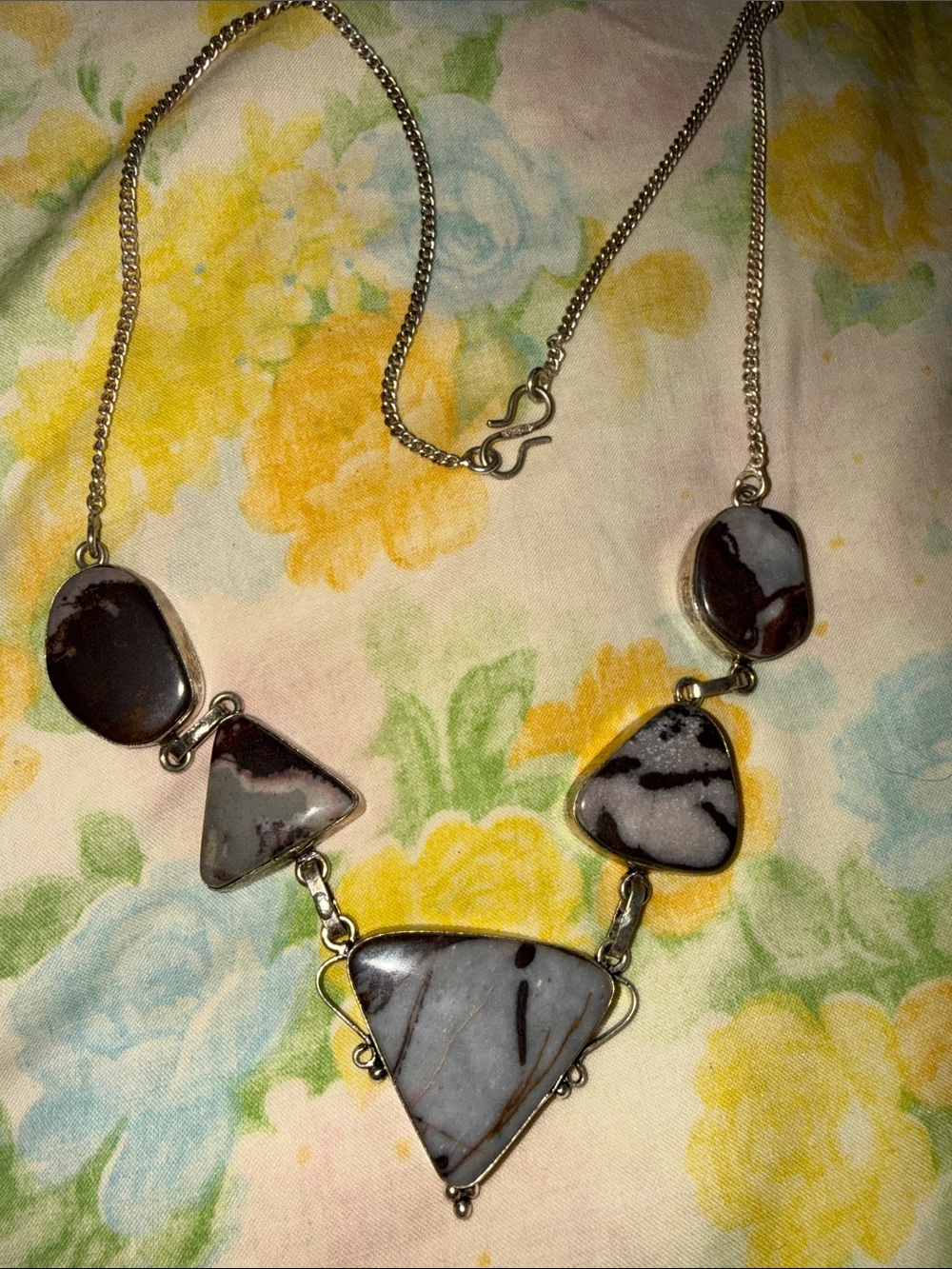 Silver Brown and Gray Stone Statement Necklace - Brand Unbranded 925 silver